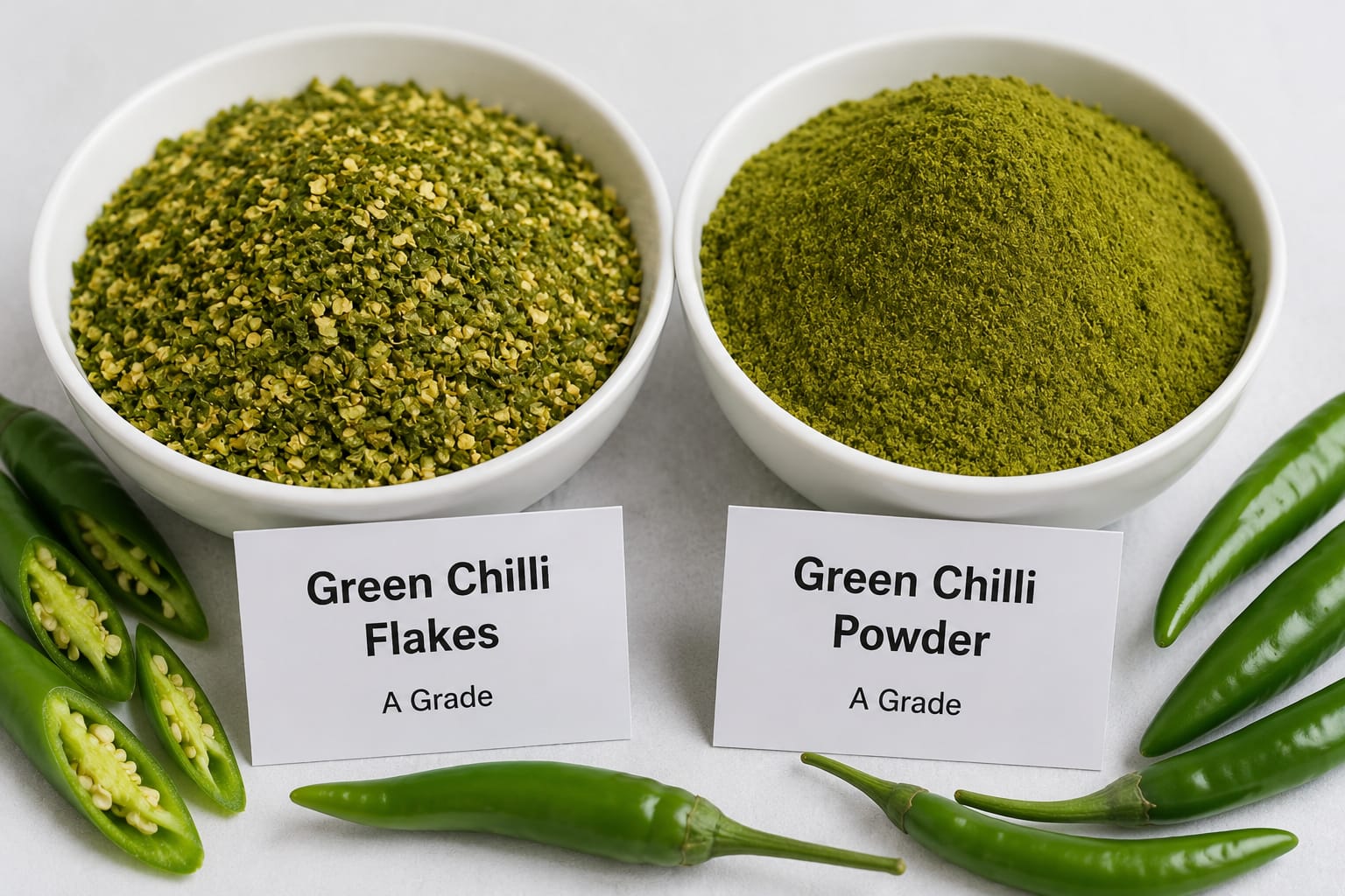 Dehydrated A-Grade Green Chilli Flakes & Powder